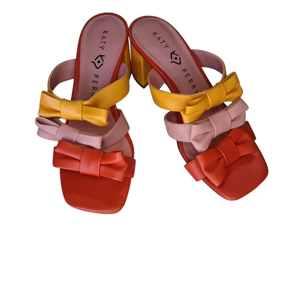 Katy Perry The Tooliped Bow Sandalss Block Heels 5.5 Mango Pink Orange Colorway - Picture 1 of 9